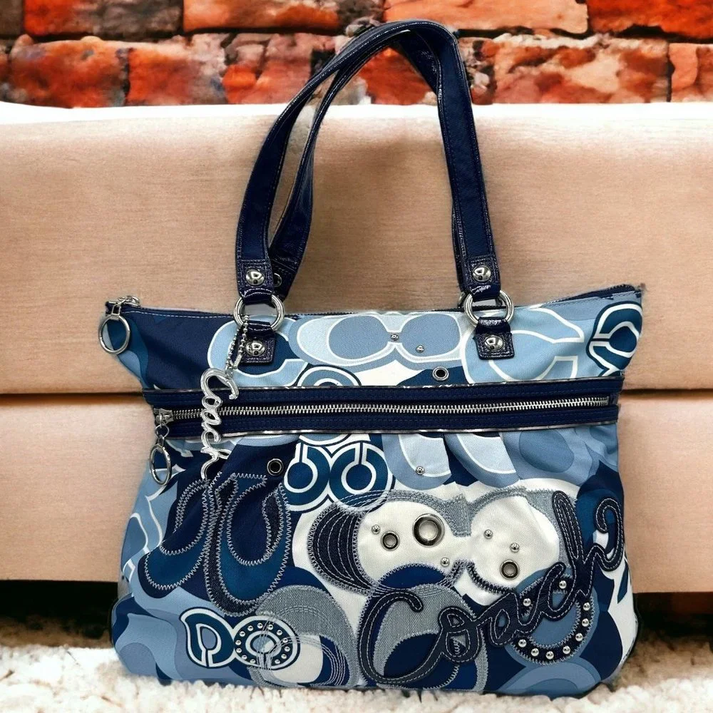 Like-New Coach Poppy Pop C Denim Blue Applique Glam Large Tote #15375